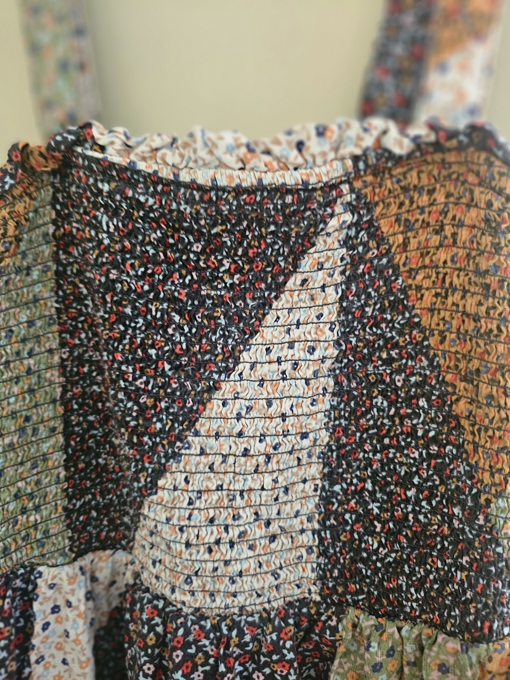 Patchwork Floral Midi Dress in Mustard, Olive & Navy - Picture 3 of 6
